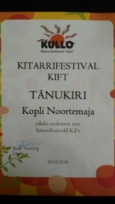 KIFT 2018 Tallinna Kopli Noortemajale - kitarriklassi õpilaste eduka esinemise eest